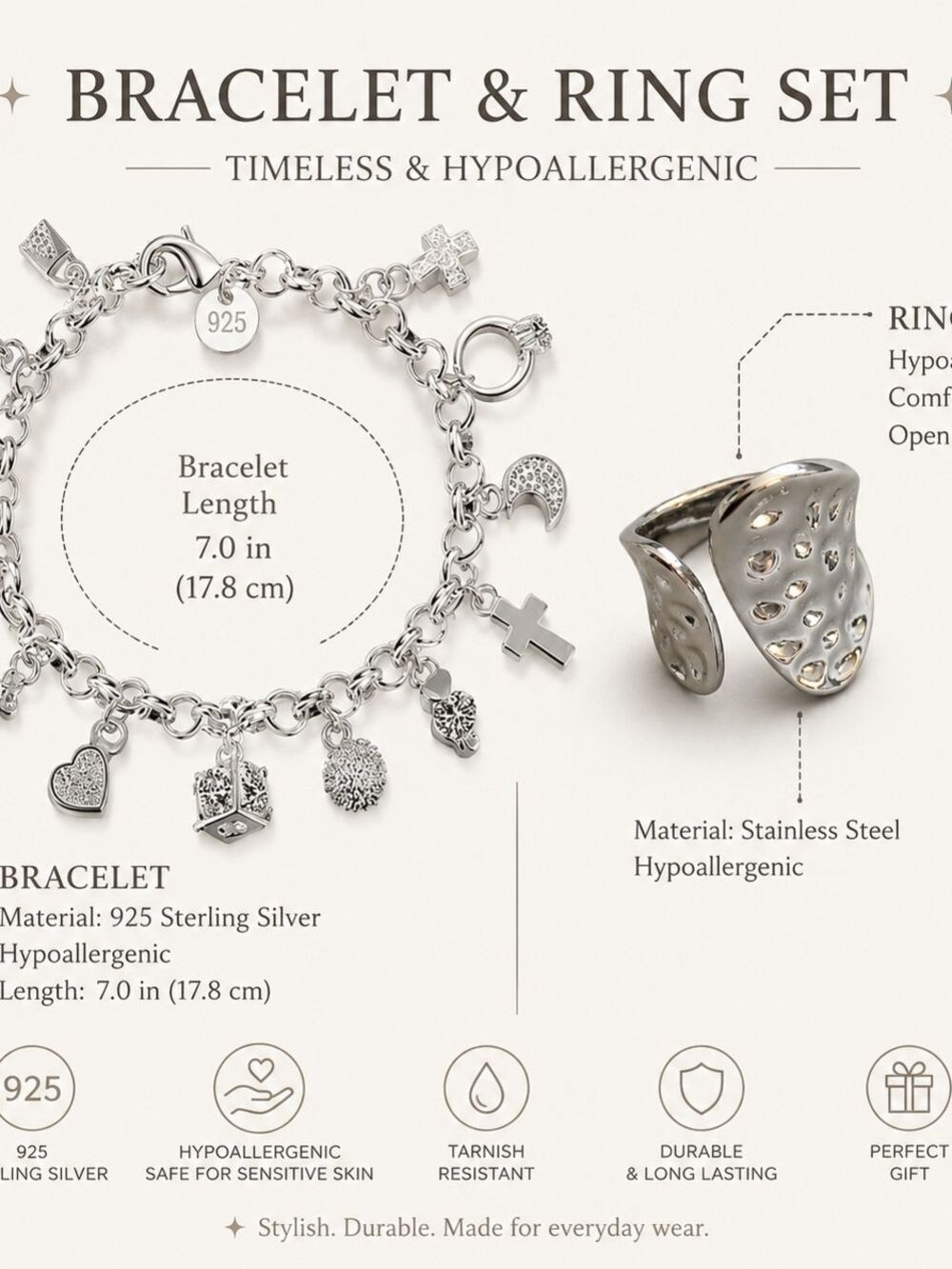 Sterling Silver Charm Bracelet Ring Set Silver - Picture 6 of 7